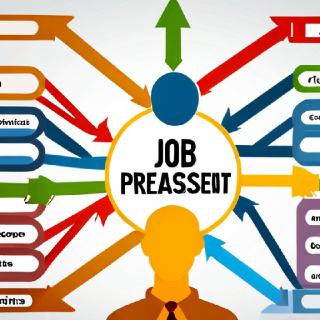 **Image Prompt:** A visually appealing mind map illustrating job preparation strategies. The central topic is "Job Preparation," branching out to key areas like "Self-Assessment," "Resume & Cover Letter," "Interview Prep," "Networking," "Skill Development," and "Stress Management." Use colorful lines and icons to represent the relationships between these topics. Include keywords like "skills," "interests," "career goals," "company research," "LinkedIn," "online courses," and "exercise." Style: Clean, modern, and easily understandable.