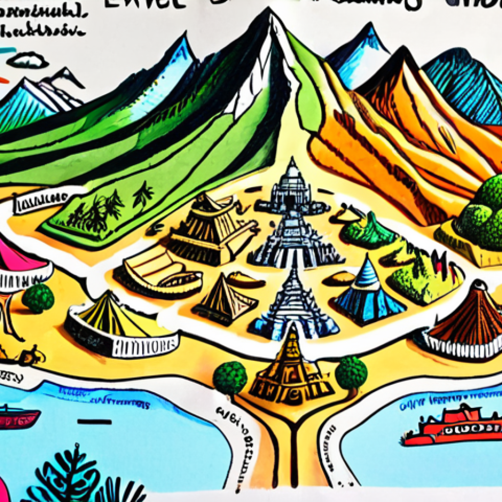 ** A vibrant mind map on paper, using colorful pens, with the central topic being "Travel Planning." Sub-branches include "Mountains," "Beaches," "Temples," "Food," and "Accommodation."  The style should be hand-drawn and dynamic, emphasizing the creative process.

**