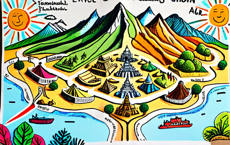 ** A vibrant mind map on paper, using colorful pens, with the central topic being "Travel Planning." Sub-branches include "Mountains," "Beaches," "Temples," "Food," and "Accommodation."  The style should be hand-drawn and dynamic, emphasizing the creative process.

**