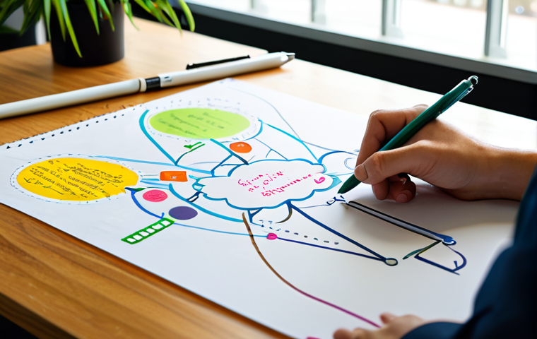 A young professional person, fully clothed in a modest business casual outfit, actively sketching a colorful mind map on a large sheet of paper on a clean wooden desk. The person has a focused, thoughtful expression. Various colored pens are visible. The mind map is vibrant, with a clear central idea, main branches, and sub-branches, featuring simple, abstract symbols and keywords. The setting is a bright, modern, minimalist office or co-working space, with natural light from a large window in the background and green plants on the desk. Professional photography, high resolution, soft lighting, sharp focus, perfect anatomy, correct proportions, natural pose, well-formed hands, proper finger count, safe for work, appropriate content, fully clothed, professional, family-friendly.