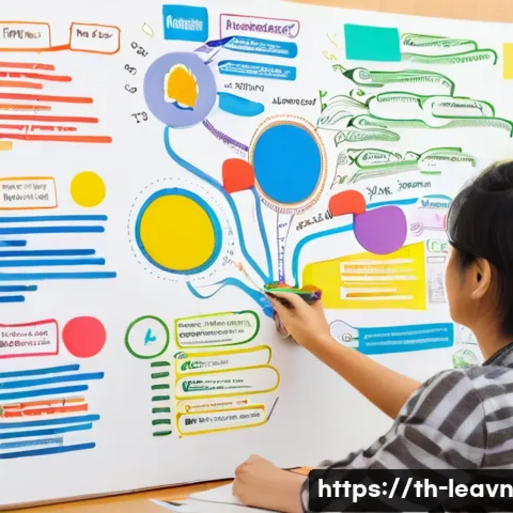 마인드맵으로 정보 기억력 향상하기 - **Vibrant Student Mind Map Creation:**
    "A bright, naturally lit indoor scene. A young Thai unive...