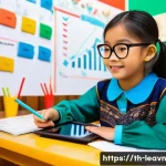 Home 21 마인드맵의 시각적 학습 효과 분석 - A vibrant digital classroom scene featuring a young Thai student using a tablet to create a colorful...