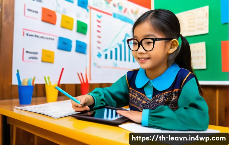 마인드맵의 시각적 학습 효과 분석 - A vibrant digital classroom scene featuring a young Thai student using a tablet to create a colorful...