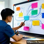 Home 20 마인드맵의 장점과 단점 비교 - A professional Thai office worker sitting at a modern desk, creating a colorful mind map on a large ...