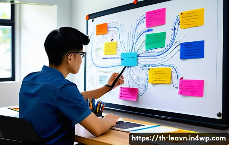 마인드맵의 장점과 단점 비교 - A professional Thai office worker sitting at a modern desk, creating a colorful mind map on a large ...